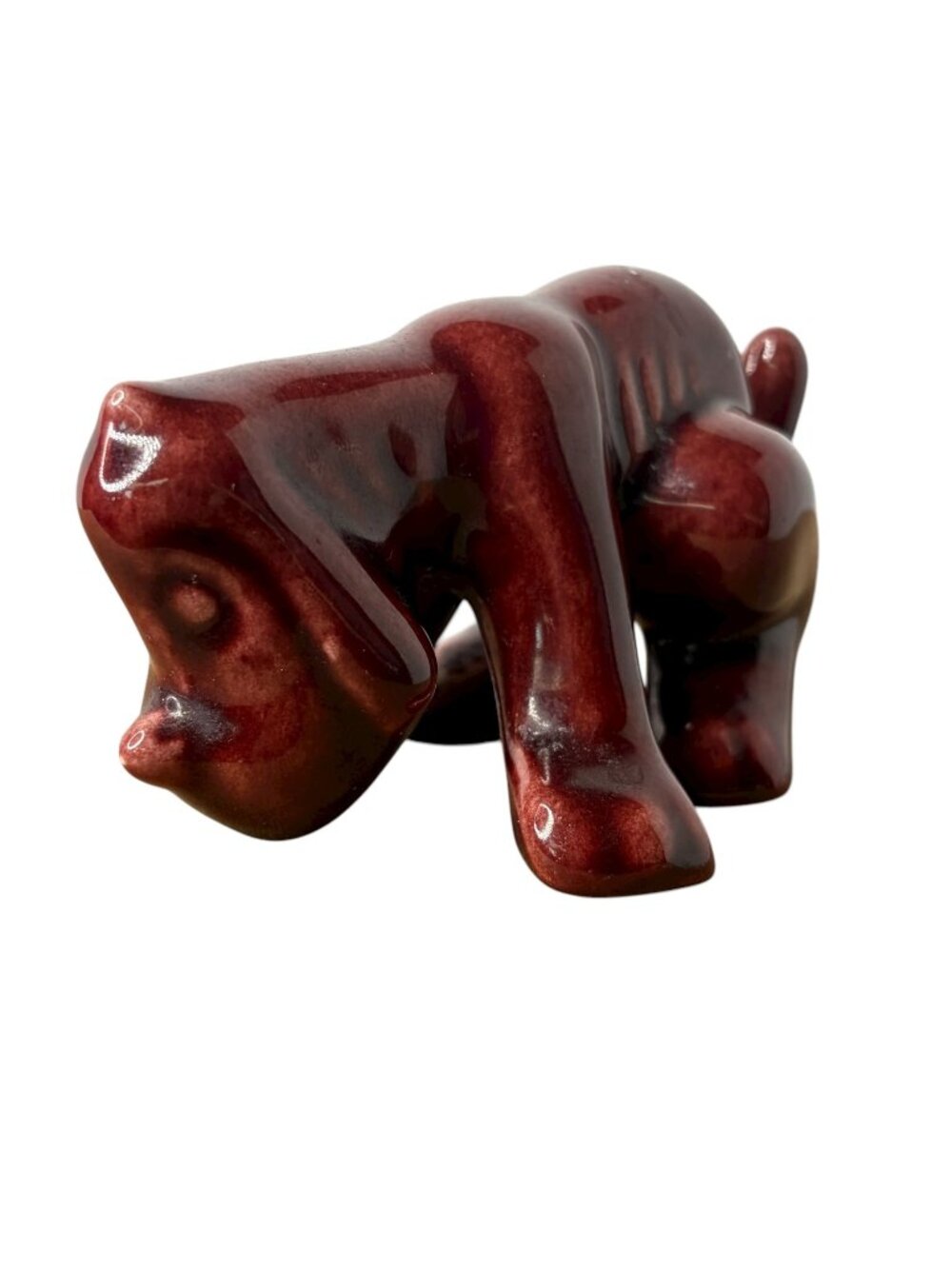 Mid-Century Camark Pottery Hound Dog Squatting Burgundy Glaze 1950's